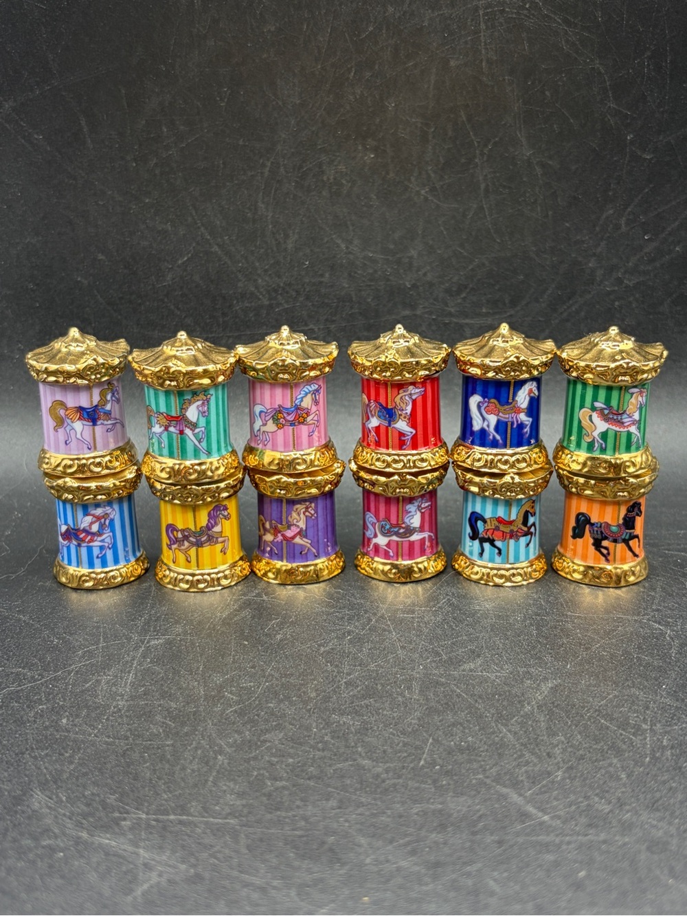 TFM Franklin Mint Carousel Magic Thimble Collection Set 12 Porcelain Thimbles